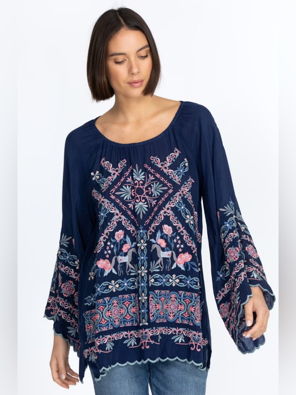 JOHNNY WAS Lina Tunic Embroidered Flowy Rayon Floral Fairy Print Navy Size XXS